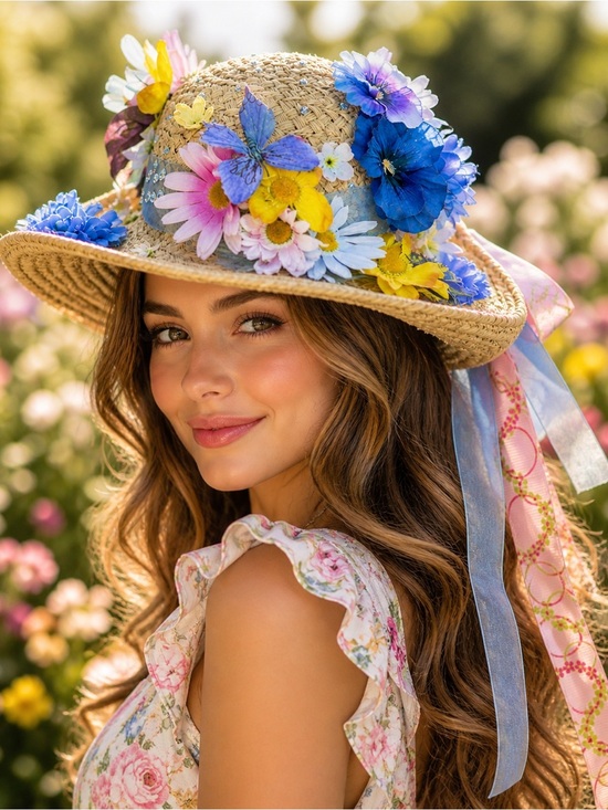 Rare Find! Vintage The Scala Collection Floral Straw Sun Hat w/ Pastel Blooms, S main image 2